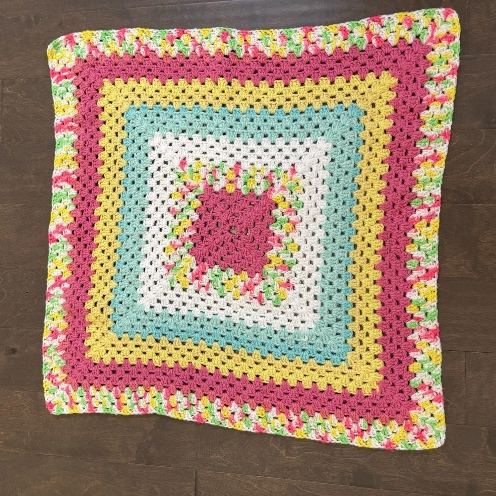 Vintage Granny Square Crochet Baby Blanket Pastel Rainbow‎ Cottagecore 29x30